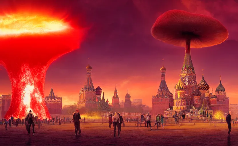 Image similar to nuclear explosion with realistic nuclear mushroom in Red Square Kremlin, cinematic shot, extremely high detail, photo realistic, cinematic lighting, post processed, artstation, matte painting, digital painting