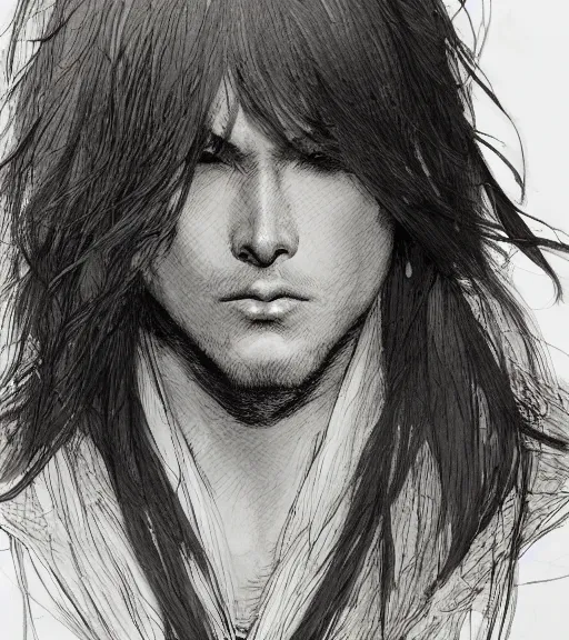 Image similar to portrait of anime man with long hair wearing a dark robe, pen and ink, intricate line drawings, by craig mullins, ruan jia, kentaro miura, greg rutkowski, loundraw