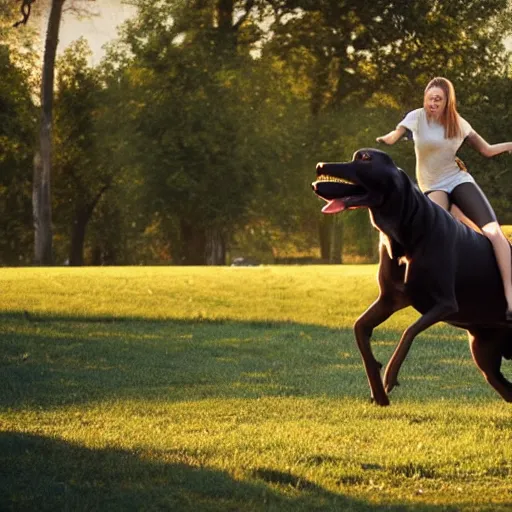 Image similar to girl riding a giant great Dane at the park catching a frisbee, trending on artstation