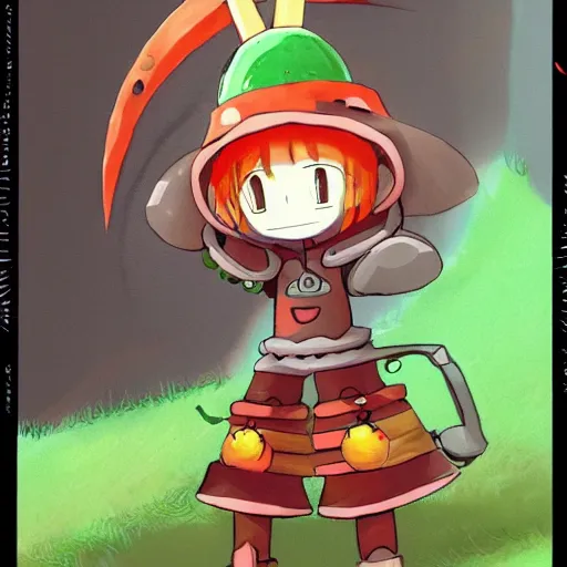 Image similar to cute robot with big tomato hat and a carrot sword, made in abyss style