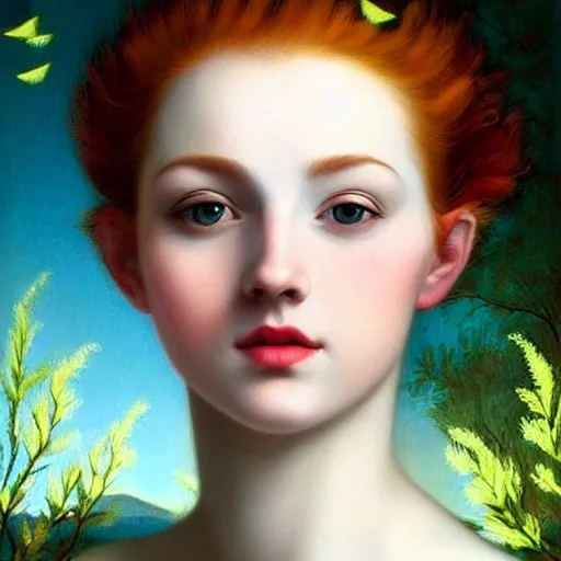 Prompt: sharp, intricate fine details, breathtaking, digital art portrait of a red haired girl with green eyes softly smiling in a dreamy, mesmerizing scenery with fireflies, art by artemisia gentileschi