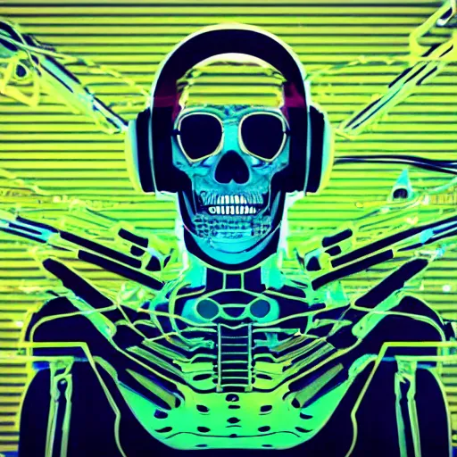 Image similar to cyberpunk skeleton with headphones playing synthesizer, smoke, lights, lasers, highly detailed, realistic, technology and magic,