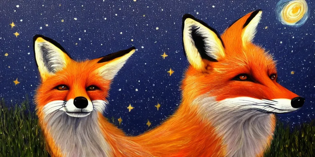 Prompt: a painting of a fox looking up at the stars in the style of Starry Night, highly detailed, trending on artstation