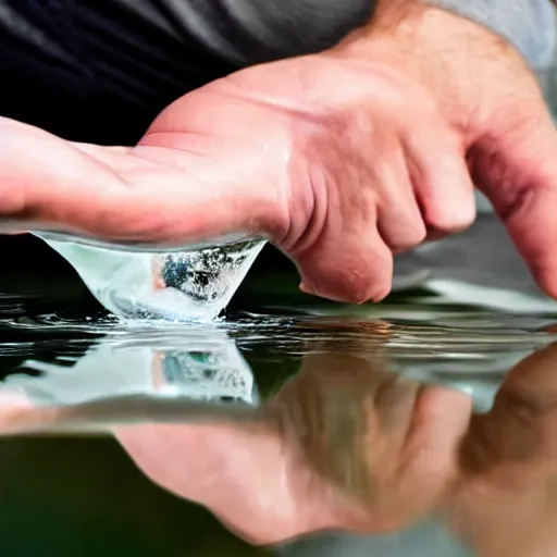 Prompt: a man touching a pool of liquid that shows a reflection of a ghost
