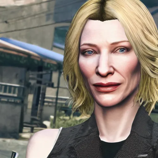 Image similar to cate blanchett in grand theft auto V, gaming, detailed, 4k