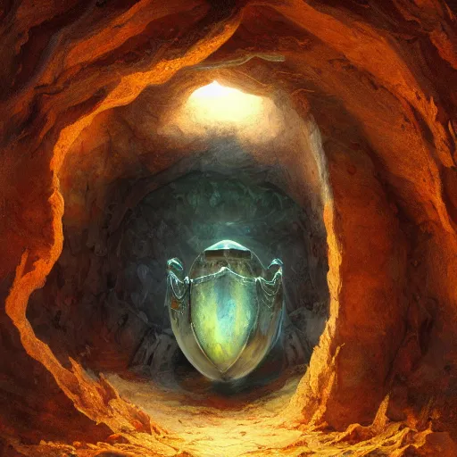 Prompt: A large steel dragon egg inside a metallic cave, fantasy art by Albert Bierstadt and James Gurney, highly detailed, digital painting, matte painting, concept art, illustration, oppressive lighting, trending on artstation, very detailed