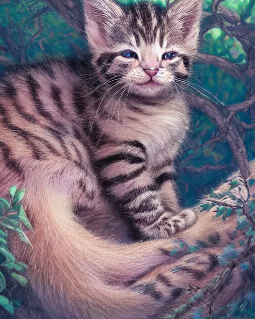 Image similar to an adorable cheshire kitten asleep in a tree | highly detailed | very intricate | symmetrical | whimsical and magical | soft cinematic lighting | award - winning | closeup portrait | wonderland | painted by donato giancola and paul lehr and ross tran | pastel color palette | featured on artstation