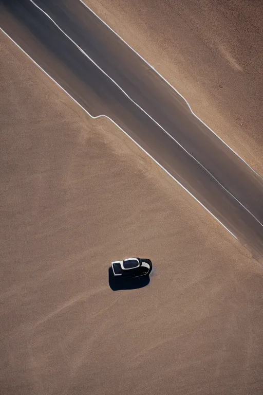 Image similar to Drone Photo of a Porsche 911 Carrera 3.2 on a wide winding road, volumetric lighting, Desert, summer, Cinematic, award winning.