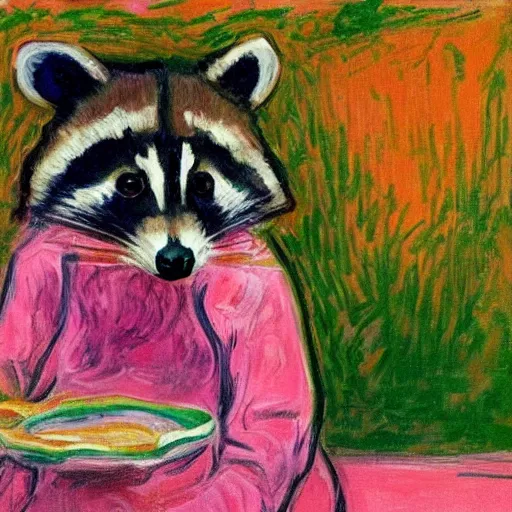 Prompt: racoon brushing his teeth, pink wallpaper, oil painting in the style of edward munch and claude monet