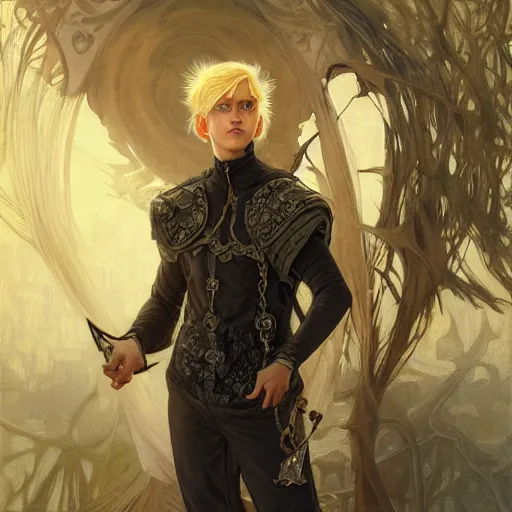 Image similar to an epic fantasy comic book style portrait painting of a young over confident blonde boy wearing plain thief clothes, d & d, fantasy, intricate, elegant, highly detailed, digital painting, artstation, concept art, matte, sharp focus, illustration, art by artgerm and greg rutkowski and alphonse mucha