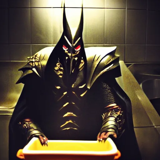 Image similar to candid Pic of Sauron the dark lord while pooping in the bathroom of a McDonalds restaurant