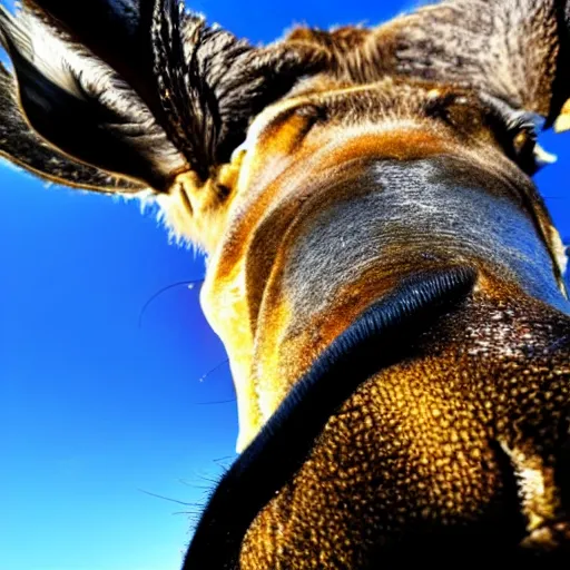 Image similar to close - up fisheye photo of a moose sniffing the camera