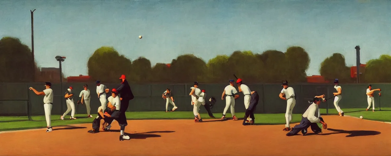 Prompt: a group of guys drinking beer and playing baseball at a local park, picture in the style of Edward Hopper