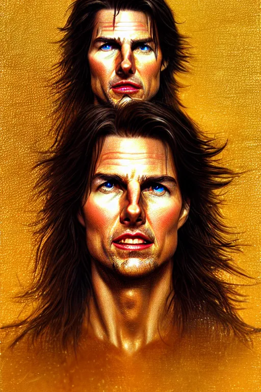 Image similar to Portrait of a tom cruise as a swordsman with long hair, elegant, photorealistic, highly detailed, artstation, smooth, sharp focus, gold ornaments, neon lighting, sci-fi, art by Klimt