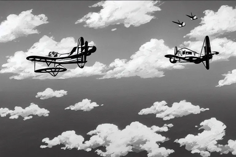 Image similar to black and white cat flying biplane over a tropical archipelago, morning sunrise, clouds, beautiful, studio ghibli, art by hayao miyazaki, makoto shinkai