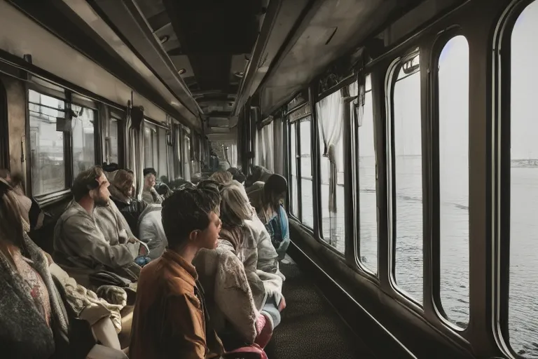 Image similar to Inside the train, some people are sitting, the train is sailing on the water, the windows are fluttering with transparent gauze curtains, the sun shines in, fog and swans over the river, indoor scene, cinematic, 8k, masterpiece, light effect, ue5, photoshop