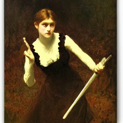 Image similar to young victorian woman fighting a monster, by alfred stevens