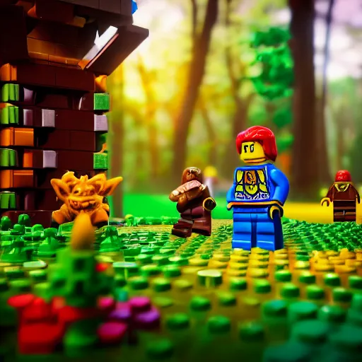 Prompt: neoclassical image of a lego minifigure saving a small lego creature made of individual bricks in a colorful forest, concept art, top down video game world, dynamic lighting, artstation, poster, volumetric lighting, 8 k, award winning