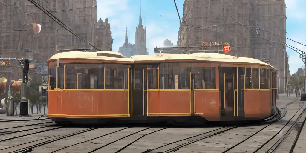 Prompt: triple decker tram, retro futuristic, volumetric lighting, photorealistic, daytime, sunny weather, sharp focus, ultra detailed, 4 0 0 0 k