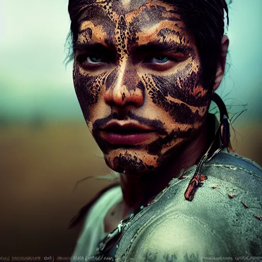 Prompt: portrait of a young jaguar warrior, street pic, depth of field, zeiss lens, detailed, symmetrical, centered, fashion photoshoot, by annie leibovitz and steve mccurry, jim jarmusch, moebius, breathtaking, 8 k resolution, extremely detailed, beautiful, establishing shot, artistic, hyperrealistic, beautiful face, octane render