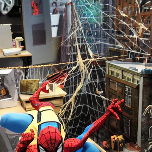 Prompt: a photo of a stopmotion animation filming set of spiderman 3