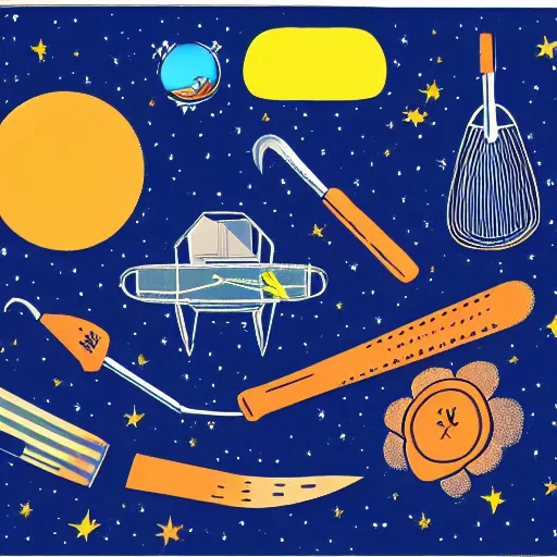 Image similar to a walter wick ( i spy book illustrator ) photographic illustration of gardening tools in space