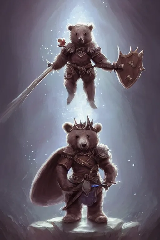 Image similar to cute little anthropomorphic bear knight wearing a cape and a crown, tiny, small, miniature bear, baby animal, short, pale blue armor, cute and adorable, pretty, beautiful, DnD character art portrait, matte fantasy painting, DeviantArt Artstation, by Jason Felix by Steve Argyle by Tyler Jacobson by Peter Mohrbacher, cinematic lighting