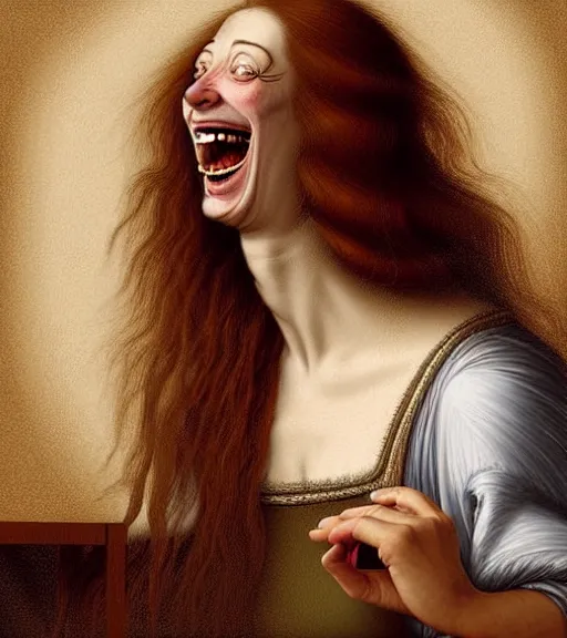 Image similar to portrait of a long - haired woman laughing at a joke sitting upon a table with heightened detail, poised, intense emotion, detailed facial expression, detailed surroundings, intricate, elegant, highly detailed, centered, digital painting, artstation, concept art, smooth, sharp focus, illustration, by ( leonardo da vinci ), wlop