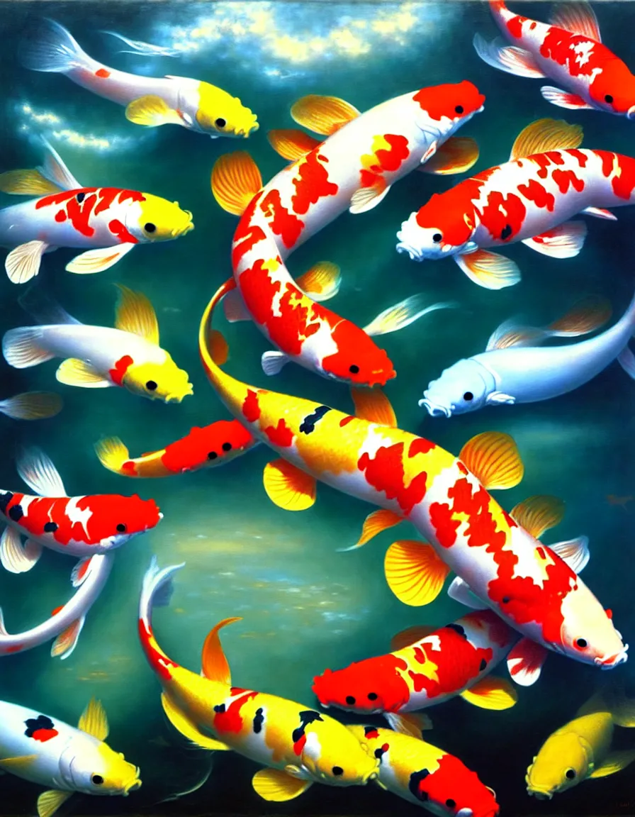 Prompt: koi fishes swimming in the sky and under the sea, ambrosius benson, oil on canvas, paul lehr, hyperrealism, around the edges there are no objects