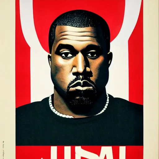 Image similar to Russian Propaganda Soviet illustrated poster of Kanye West as President standing in front of a USA America flag