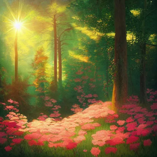 Image similar to “A beautiful painting of a forest in summer, wild roses in distance, sunlight, detailed, light effect, Trending on artstation, by beeple, Makoto Shinkai”