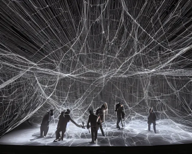 Image similar to Jumping monkey smashing typewriters, group of people on stage playing baroque instruments, muted stage effects, dust, smoke, giant LED screens, colored projections, ultrafine detail, cybersuit, glowing thin wires, smoke, high contrast, projections, holography, volumetric lighting, cinematography by Jim Jarmusch