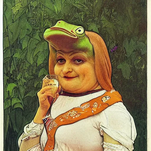 Image similar to pepe the frog groyper smug look, uncropped, painted by carl larsson and alphonse mucha