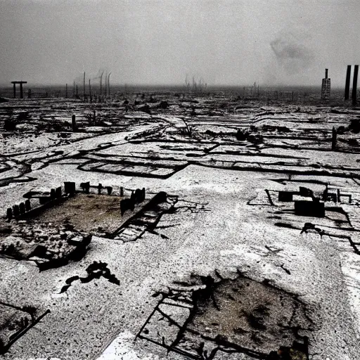 Image similar to barren city, nuclear wasteland, Fallout aesthetic, Anselm Kiefer