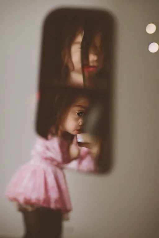 Image similar to little girl looking in a mirror, bokeh, 3 5 mm, beautiful