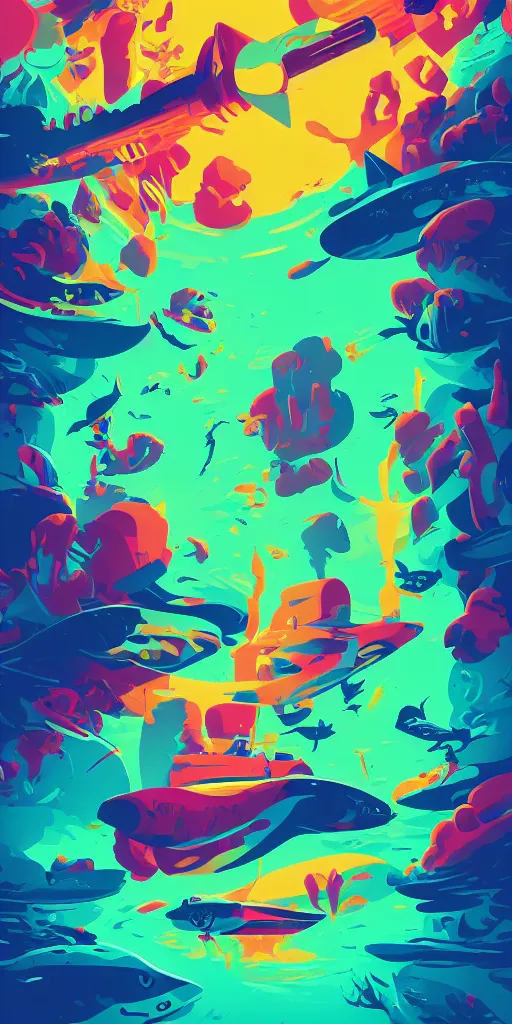 Prompt: cursed multicolored underwater scene. tom whalen, james gilleard, liam brazier, tristan eaton