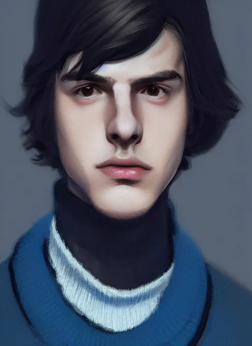 Image similar to portrait of teenage jughead jones wearing a light grey crown, crown, blue turtleneck, closed eyes, photorealistic, black hair, glowing lighting, intricate, elegant, glowing lights, highly detailed, digital painting, artstation, concept art, smooth, sharp focus, illustration, art by wlop, mars ravelo and greg rutkowski