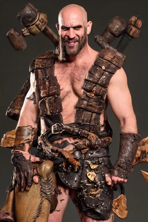 Image similar to Travis Willingham as Grog Strongjaw from Vox Machina, Goliath Barbarian, realistic cinematic shot, swirling nature magic, subtle fog and mood lighting