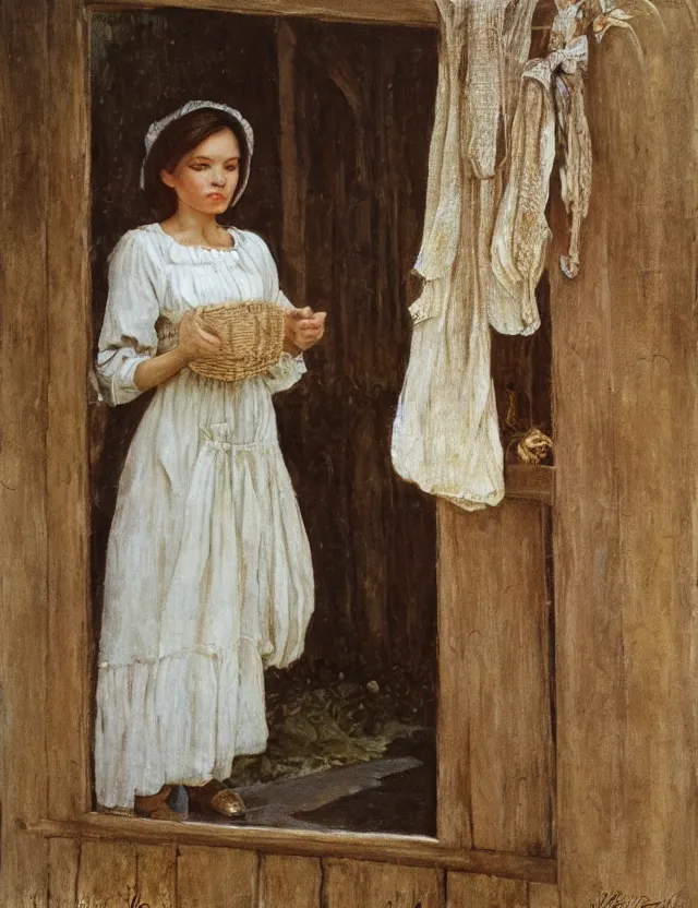 Image similar to peasant girl trying dress in front of a mirror, on a village, Cinematic focus, Polaroid photo, vintage, neutral colors, soft lights, foggy, by Steve Hanks, by Serov Valentin, by lisa yuskavage, by Andrei Tarkovsky 8k render, detailed, oil on canvas