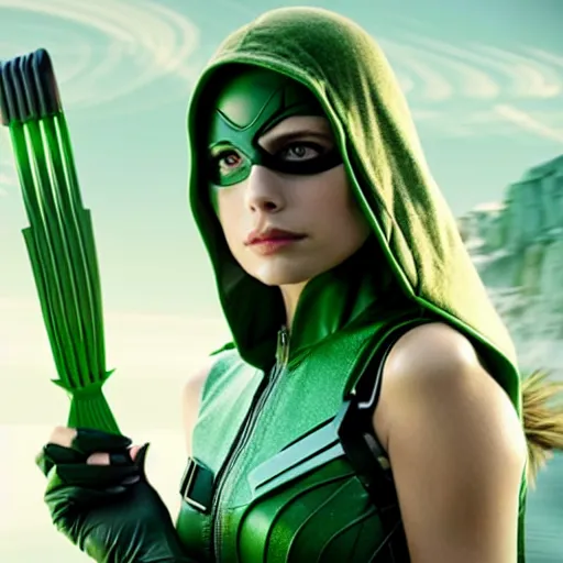 Image similar to film still of willa holland as an attractive female green arrow in the 2 0 1 7 film justice league, bleach blonde hair, focus - on - facial - details!!!!!!!!!!!!, minimal bodycon feminine costume, dramatic cinematic lighting, inspirational tone, suspenseful tone, promotional art