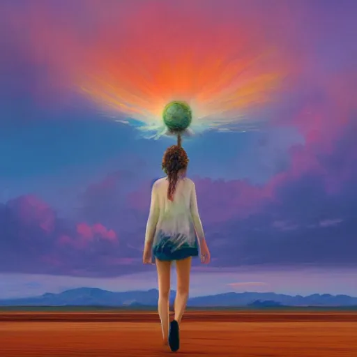 Image similar to giant daisy flower head, girl walking on salt flats mountains, surreal photography, sunrise, dramatic light, impressionist painting, colorful clouds, digital painting, artstation, simon stalenhag