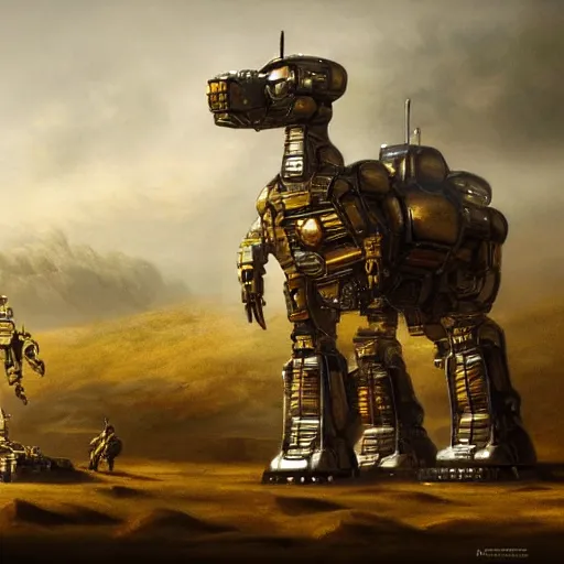 Image similar to epic painting of a realistic four - legged intricate battle robot, rule of thirds, golden ratio, subject in center of frame, detailed science fiction matte painting, trending on artstation