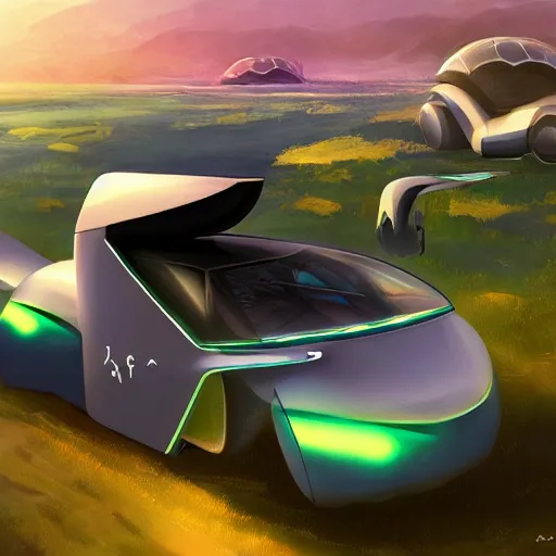 Image similar to solarpunk hovercar, clean energy, green technology, batoidea shape, airspace, sunny day, futurism, intricate, engines, autonomous, highly detailed, peaceful, utopia, bright, digital painting, advanced, artstation, concept art, smooth, sharp focus, epic landscape, art by akihiko yoshida and tim mcburnie and anato finnstark