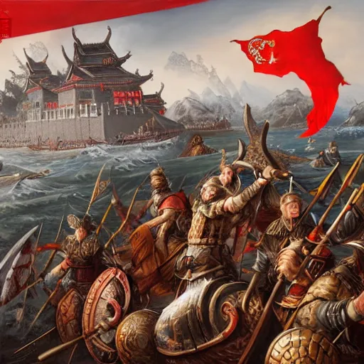 Image similar to an epic painting of vikings invading modern china, realistic, 4 k, 8 k, hyper detailed, oil on canvas, hd,