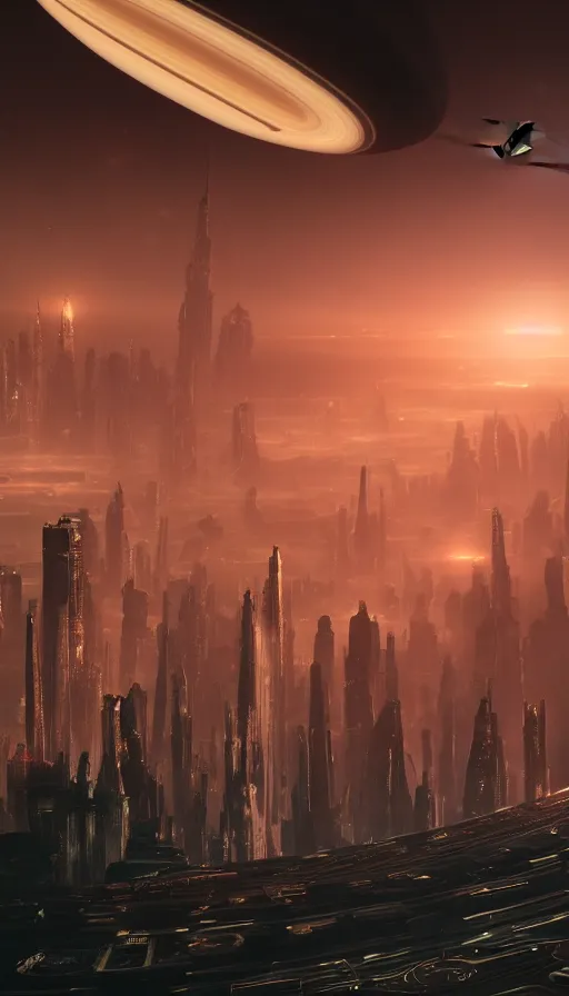 Image similar to an otherworldly futuristic Blade Runner cityscape with the planet Saturn looming large in the background, ultra realistic, 8K