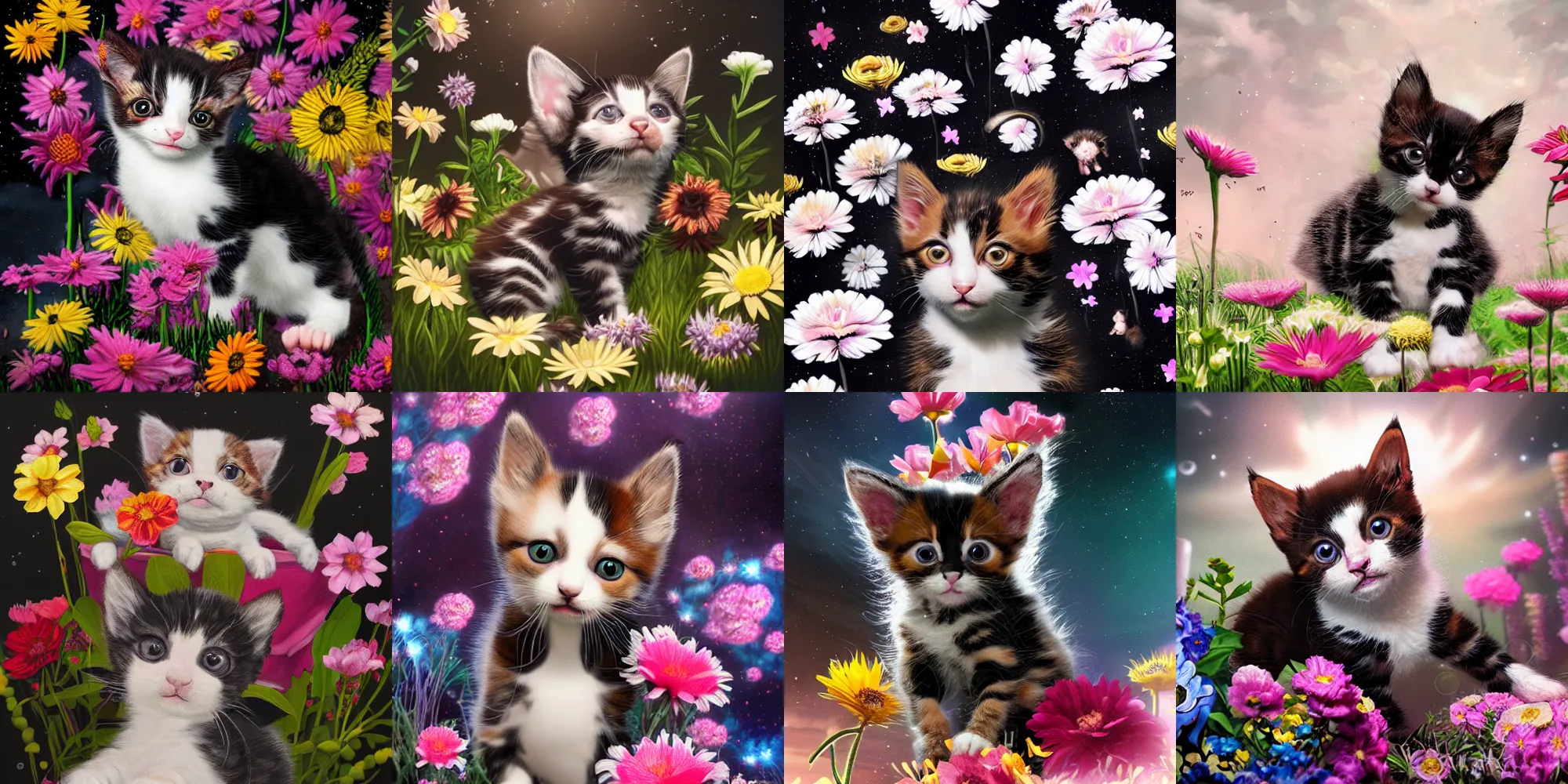 Prompt: An epic fantastic realism comic book style painting of a cute brown black and white kitten surrounded by beautiful flowers in space, bouquets, unreal 5, hyperrealistic, octane render, dynamic lighting