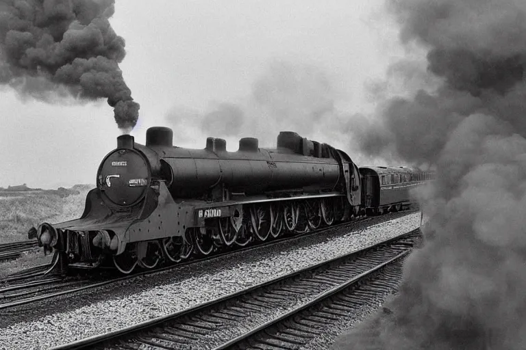 Prompt: black and white photograph of the lner a 4 mallard thundering down the rails at high speed, black smoke wooshing from the locomotive, cinematic, volumetric light, f 6 aperture, cinematic eastman 5 3 8 4 film