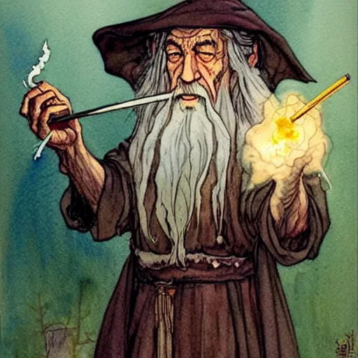 Image similar to a realistic and atmospheric watercolour fantasy character concept art portrait of gandalf with red eyes smoking a huge blunt looking at the camera with a marijuana leaf nearby by rebecca guay, michael kaluta, charles vess and jean moebius giraud