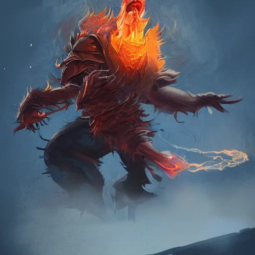 Prompt: Illustration of the King of ashes, he is casting a huge fireball while laughing with a crazy look by Julen Urrutia, trending on artstation