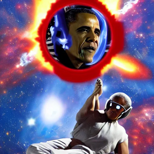 Image similar to obama fighting god in space